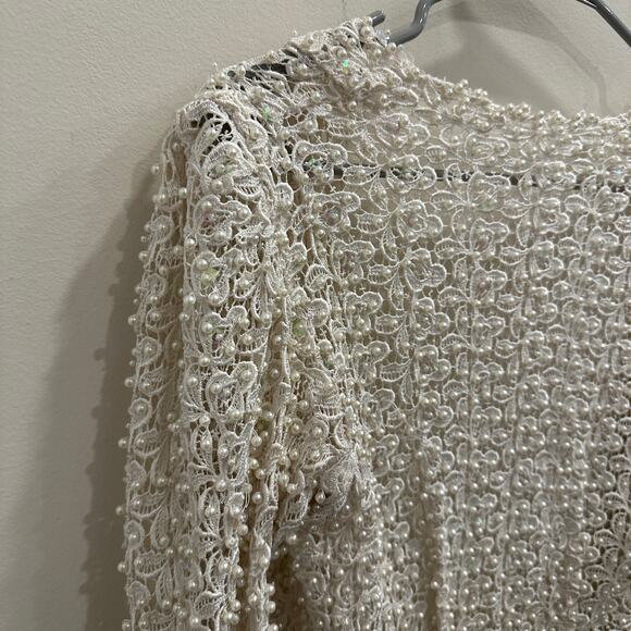VTG Ivory Beaded Lace Cardigan Pearl & Sequin Embellished Party Bridal NYE Glam - Picture 9 of 11
